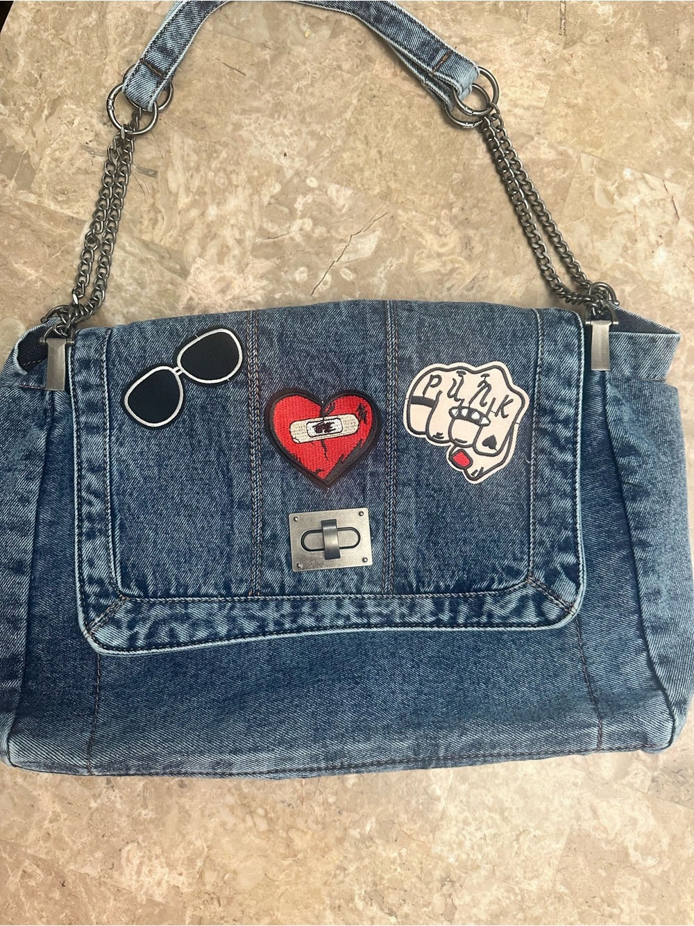 Denim Patch Shoulder Bag with Chain Strap - Blue